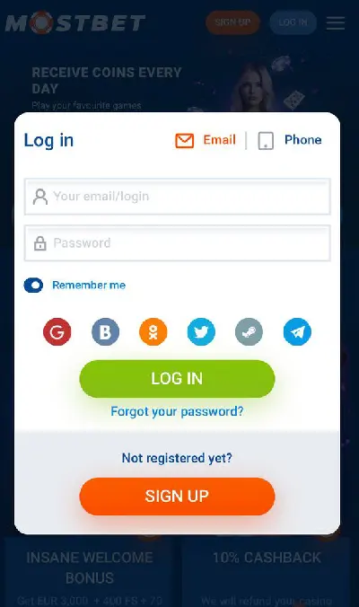 Logowanie do konta Mostbet Casino - panel logowania przez email i telefon